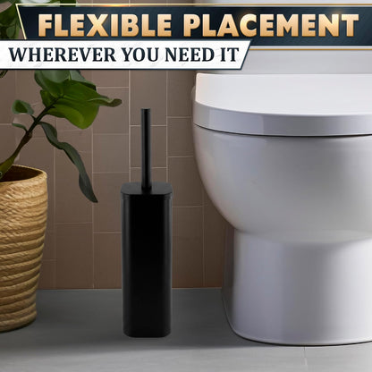 Black Toilet Brush and Holder Set - Slim Matte Design that Fits Anywhere - Stainless Steel Toilet Bowl Brush and Holder with 2 Rounded Corners, Replaceable Head, Removable Inner Bowl & Splash Guard