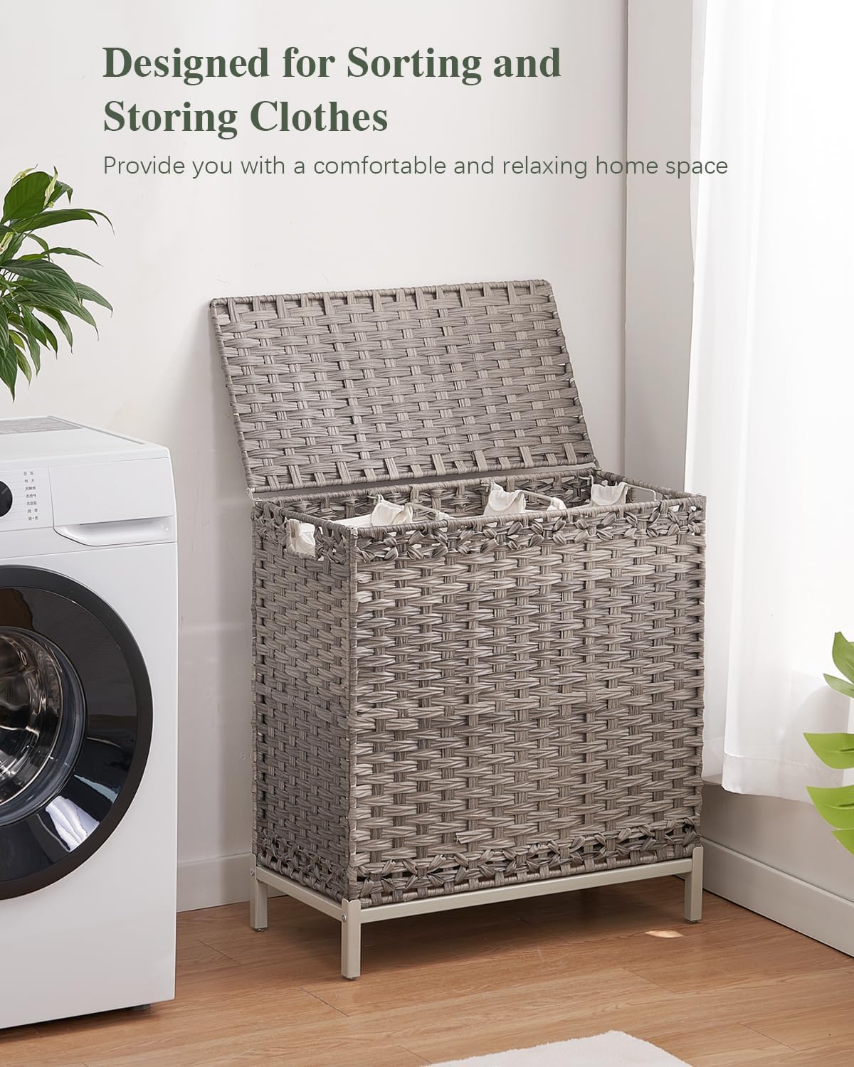SETVSON Laundry Hamper with Lid 132 L, (35 Gallons) Clothes Hamper with Lid, Handwoven Rattan Laundry Hamper with Metal Heightened Feet, Laundry Hampers with 3 Removable Liner Bags for Laundry-Natural