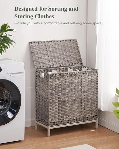 SETVSON Laundry Hamper with Lid 132 L, (35 Gallons) Clothes Hamper with Lid, Handwoven Rattan Laundry Hamper with Metal Heightened Feet, Laundry Hampers with 3 Removable Liner Bags for Laundry-Natural