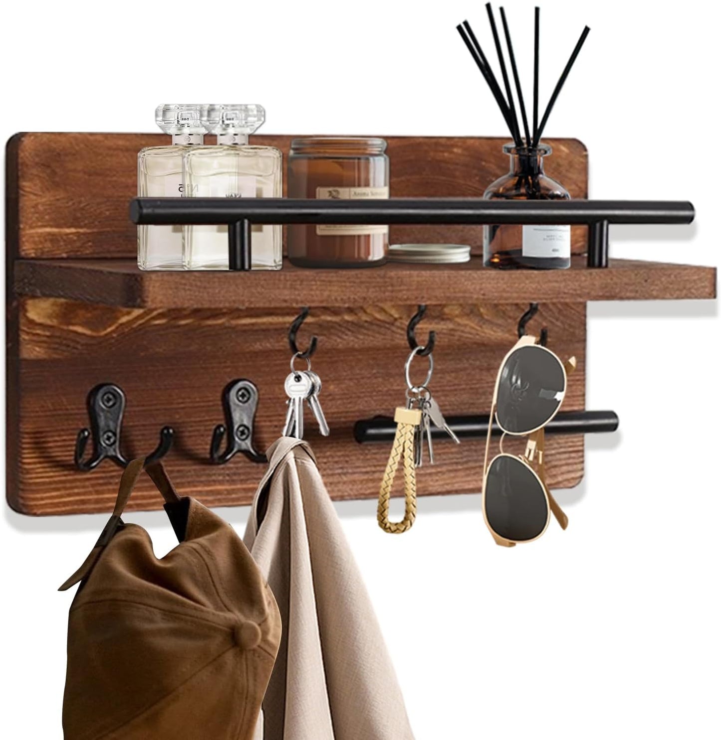 Wooden Key and Mail Holder Wall Mount with 5 Hooks for Entryway Decor | Hold keys&mail,Solid natural wood,Sturdy metal hooks,Easy wall mount,Rustic farmhouse decor