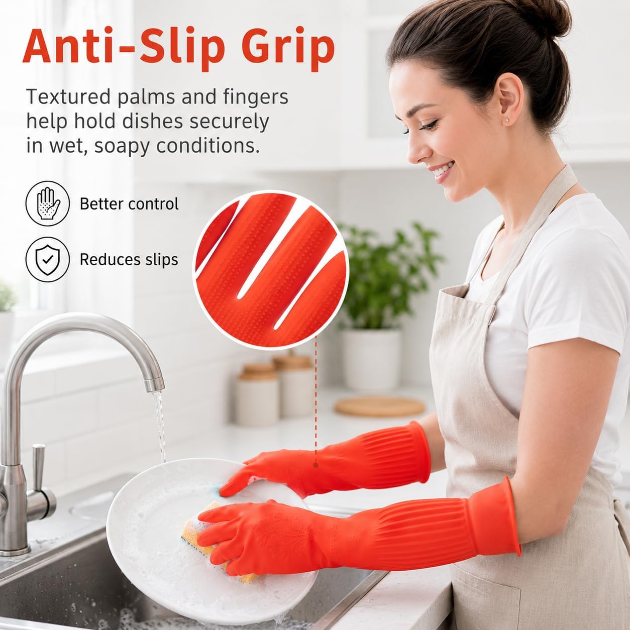 ThxToms Dishwashing Gloves, 2 Pairs Fleece Lined Rubber Dish Gloves for Washing Dishes, Waterproof Reusable Kitchen Cleaning, Long Cuff Anti Slip,Large