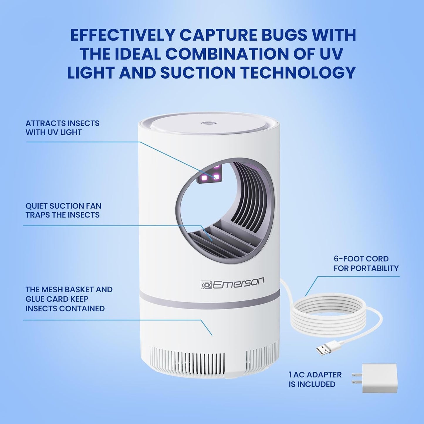 Emerson ITM8110 Indoor Portable Flying Bug Catcher with UV LED light & Fan Suction, 24/7 Mess Free Alternative for Catching Flies, Fruit Flies, Moths, Gnats & More - Includes 3 Replacement Glue Boards