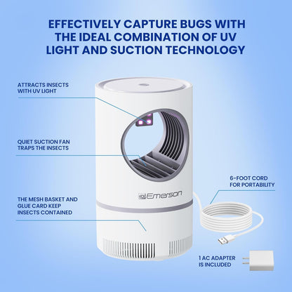Emerson ITM8110 Indoor Portable Flying Bug Catcher with UV LED light & Fan Suction, 24/7 Mess Free Alternative for Catching Flies, Fruit Flies, Moths, Gnats & More - Includes 3 Replacement Glue Boards