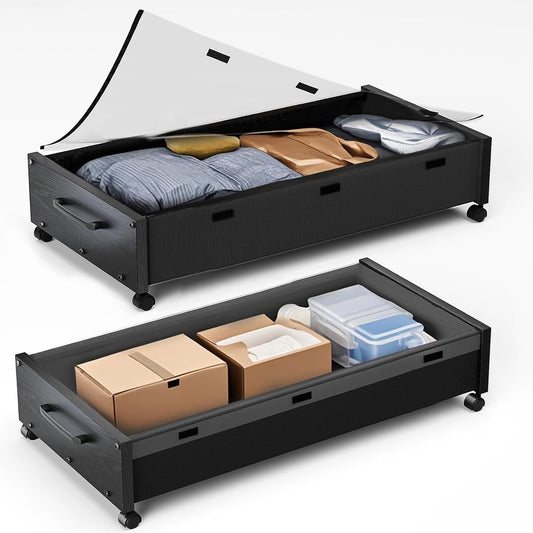 Under Bed Storage with Wheels, Wooden Under the Bed Storage with Remove Lid, Rolling Underbed Storage Drawers, Large Metal Storage Bins for Shoes Blankets Clothes Bedrooms Dorms (Vintage Brown-2pack)