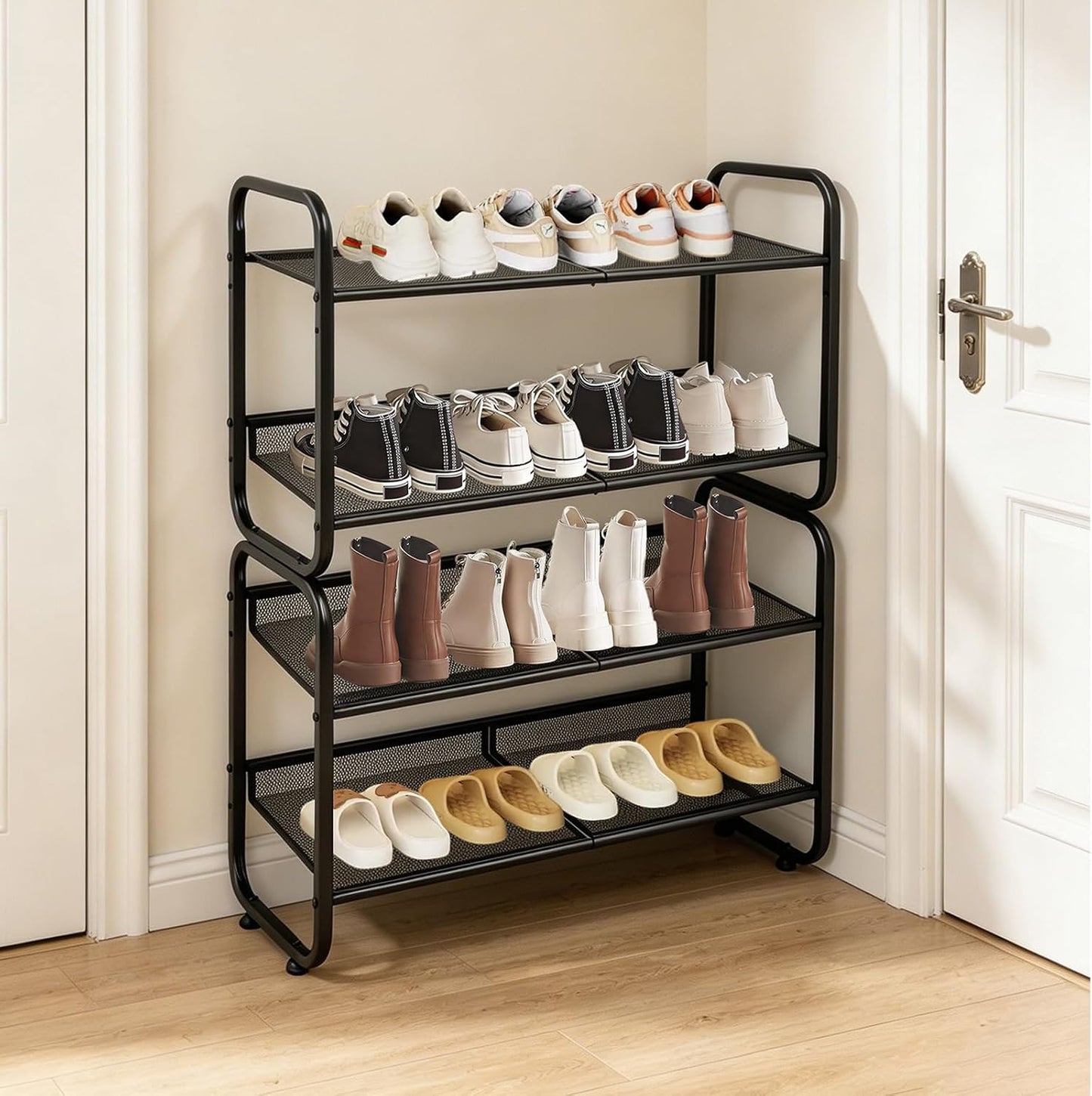 4 Tiers Metal Shoe Rack for Entryway Closet Hallway Bedroom Garage | Shoe Storage Organizer, Mesh Shoe Shelves, Freestanding, Stackable, Adjustable, Rustproof Black