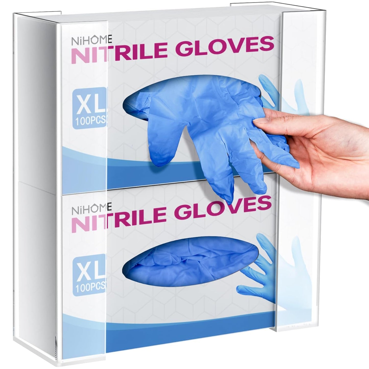NiHome 2-Tier Clear Acrylic Glove & Tissue Box Holder Dispenser, Wall Mount | Space-Saving Glove Box Dispenser, Adjustable Organizer for Tissues, Baby Wipes, Adhesive or Screw Mount for Kitchen, Bathroom