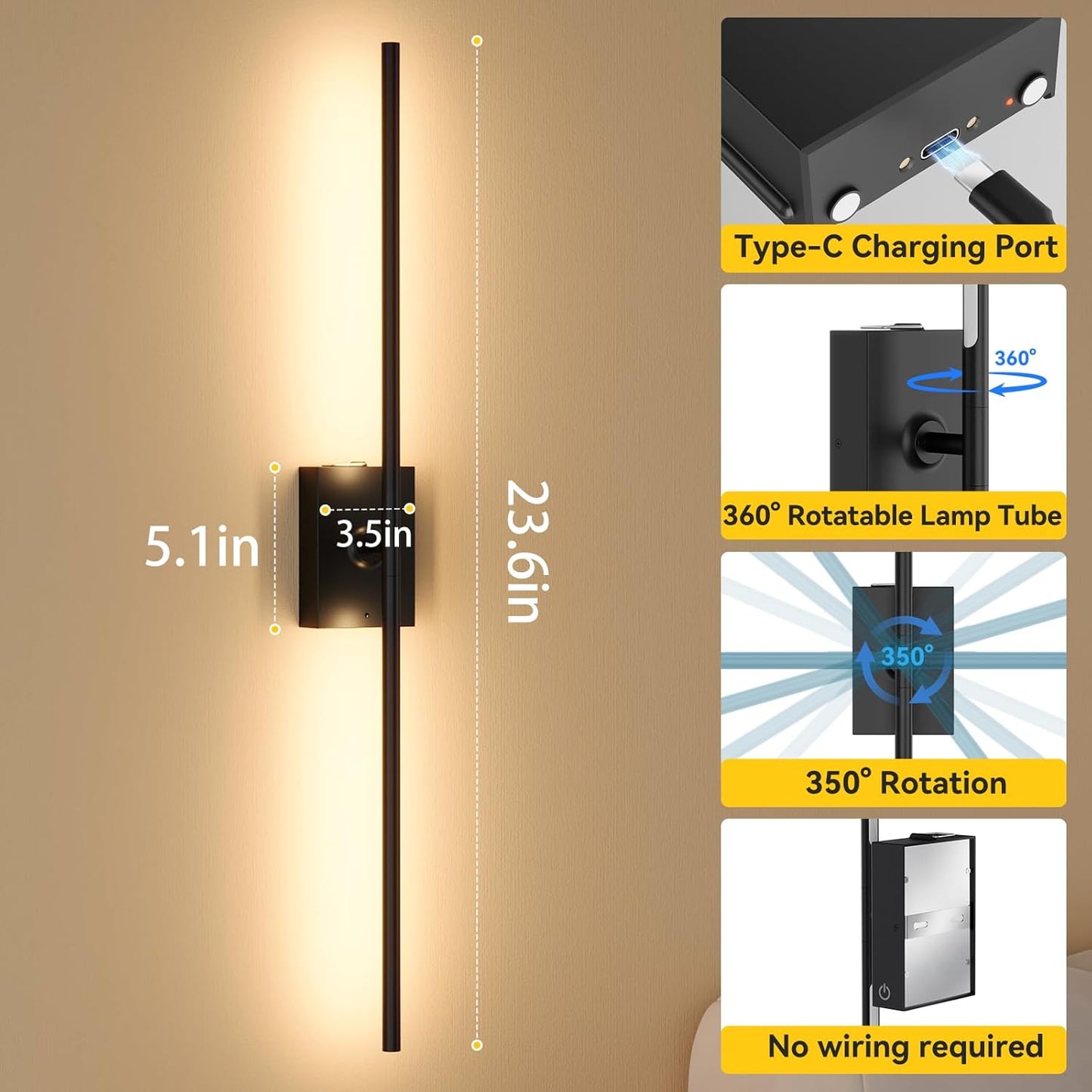 Ouyulong Battery Operated Wall Sconces Set of 2, 10000mAh Wireless Rechargeable 3000-6000K Dimmable 350° Rotate Wall Light with Remote for Living Room, Bedroom 31.6in Black