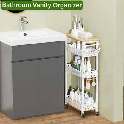 Utility Slim Storage Cart for Home Laundry Room, Bathroom, Kitchen | 4-Tier narrow rolling cart for small space, Holds tall bottles, Upgraded metal hub casters, Premium wood & metal mesh shelves