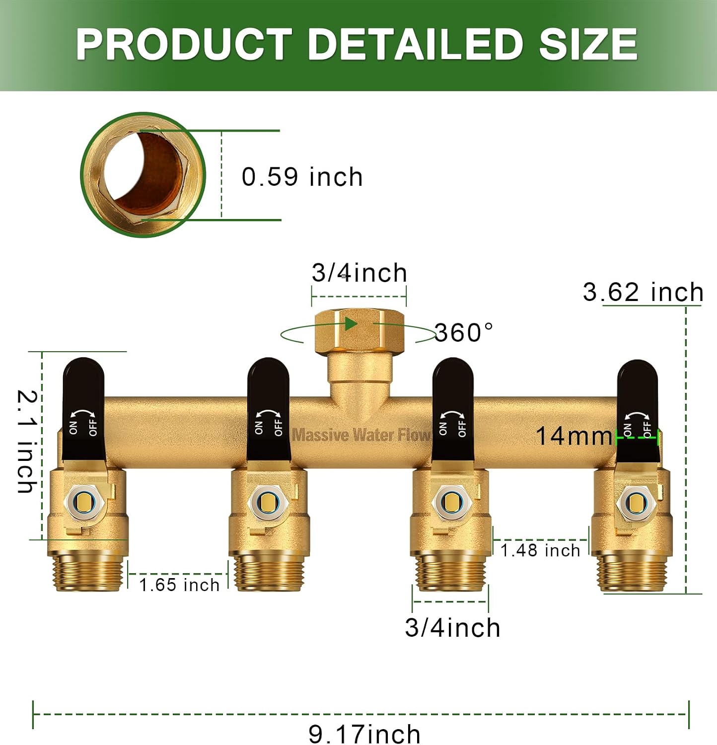 4 Way Hose Splitter, Heavy Duty Full Flow Garden Water Hose Bib Spigot Splitter, Brass Rust and Freeze Resistant Outdoor Faucet Splitter, T Adapter Connector with 3/4 - Inch GHT Thread （Black）
