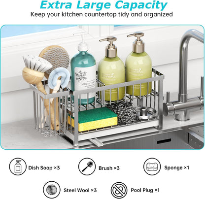 Liuoud Sponge Holder for Kitchen Sink, 2 Tier Sink Caddy Organizer Countertop with Dish Brush Holder and 360° Drain Tray, Rustproof Stainless Steel Dish Soap Storage Rack Set for Accessories Grey