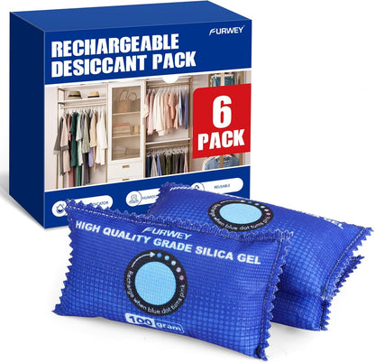 FURWEY 2 Pack Rechargeable Desiccant Packs, 100g Each, Blue, Color Indicating Silica Gel Dehumidifier Bags for Storage, Closets, Cars, Bins
