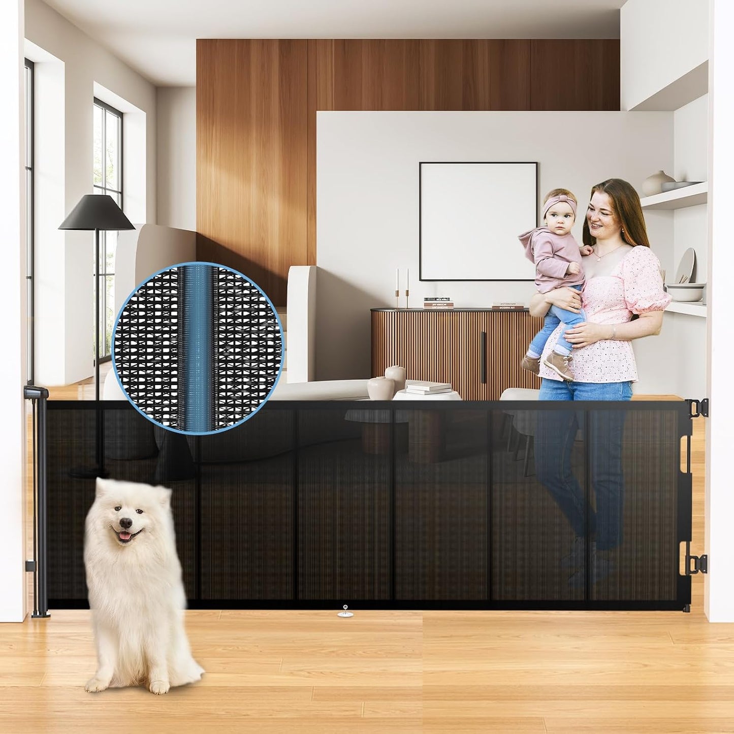 HAMOPY Retractable Baby Gate, 33" Tall, Extends up to 55" Wide, Durable Auto-Lock Baby Gates for Stairs, Mesh Dog Gate and Child Safety Gates for Doorways, Hallways, Indoor, Outdoor(Black)