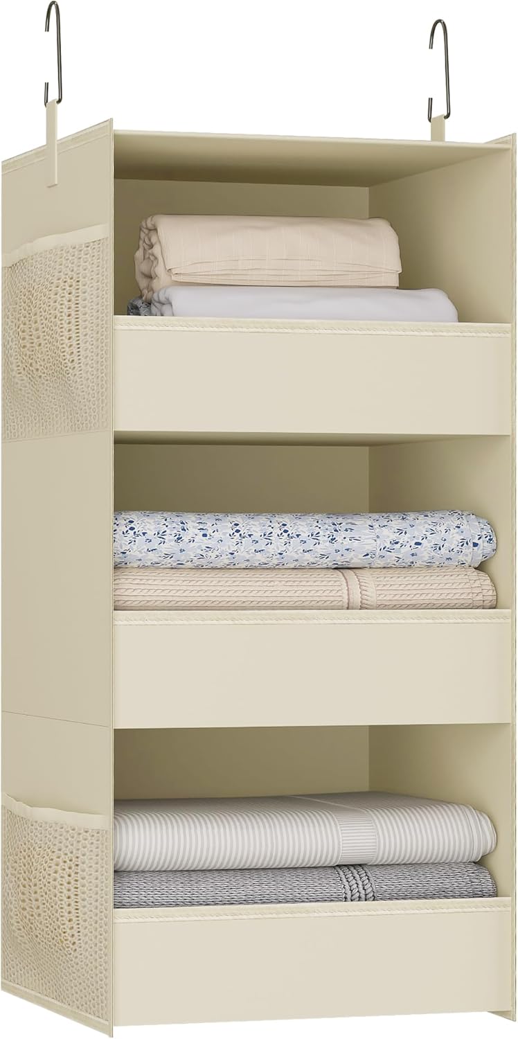 3-Shelf Hanging Closet Organizer, Washable Foldable Storage, Dark Gray | Front lip keeps items secure; side pockets add room; Oxford fabric handles towels, shirts, baby items, dorms, RVs or travel.