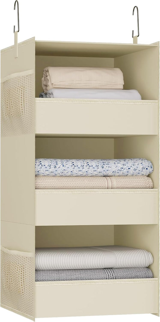 3-Shelf Hanging Closet Organizer, Washable Foldable Storage, Dark Gray | Front lip keeps items secure; side pockets add room; Oxford fabric handles towels, shirts, baby items, dorms, RVs or travel.