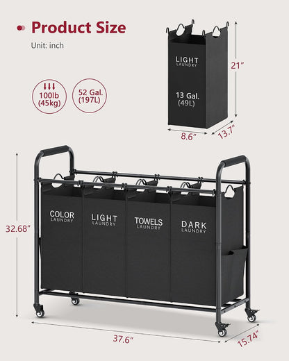 Tajsoon 4 Bag Laundry Sorter Cart, 4 Section Laundry Hamper Sorter with Heavy Duty Lockable Rolling Wheels, Laundry Separator Hamper with Removable Bags for Dirty Clothes Storage, Black