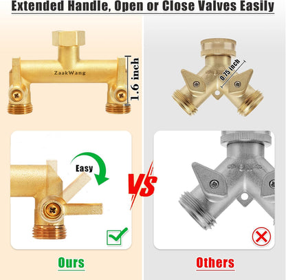 Heavy Duty Brass 2-Way Garden Hose Splitter, 3/4" GHT Threads, Metal Shutoff Valve, Long Handle