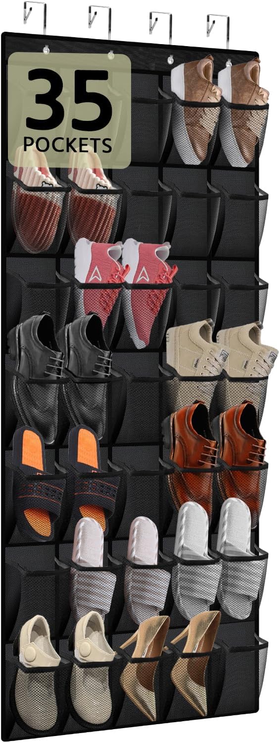 PAULONE 12 Pocket Over the Door Shoe Organizer,Reusable Breathable Large Mesh Bag Men's & Women's Sneaker Organizer,Shoe Organizer for Kids,Hanging Shoe Storage Hanging Bag (White)