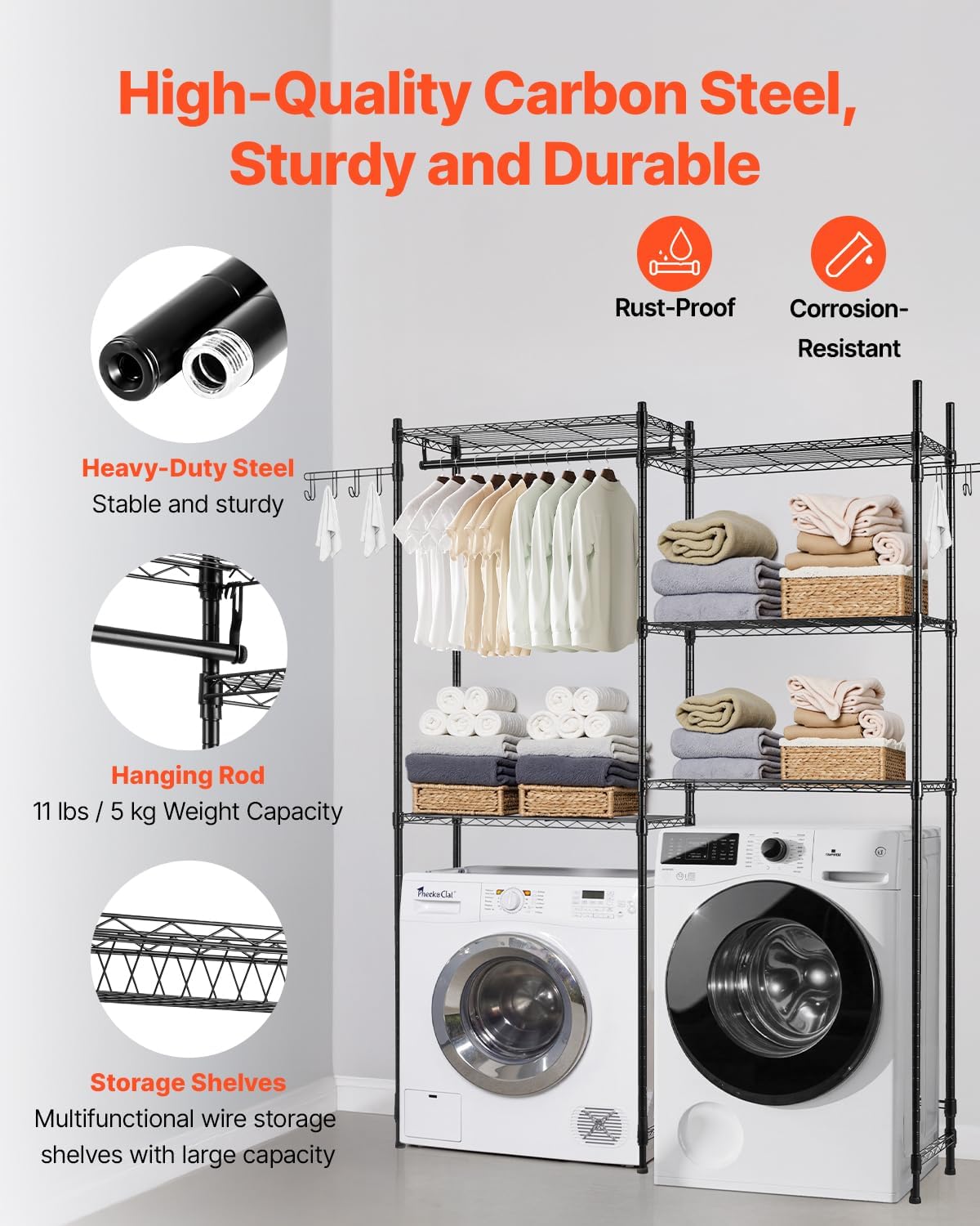 VEVOR Over Washer and Dryer Storage Shelves, 6 Tiers Laundry Room Drying Rack with Hanger Rod and Hooks, Two Rows Adjustable Washer Shelves Space Saver, for Laundry Room Storage & Organization, Black