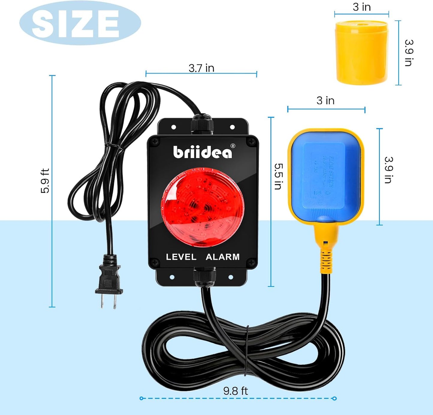Sump Pump Alarm, Briidea Indoor/Outdoor High Water Septic Tank Alarm with 110dB Audible Alert & LED Indicator, 10ft Float Switch for Septic Systems, Sump Pumps, Ponds & Water Tanks