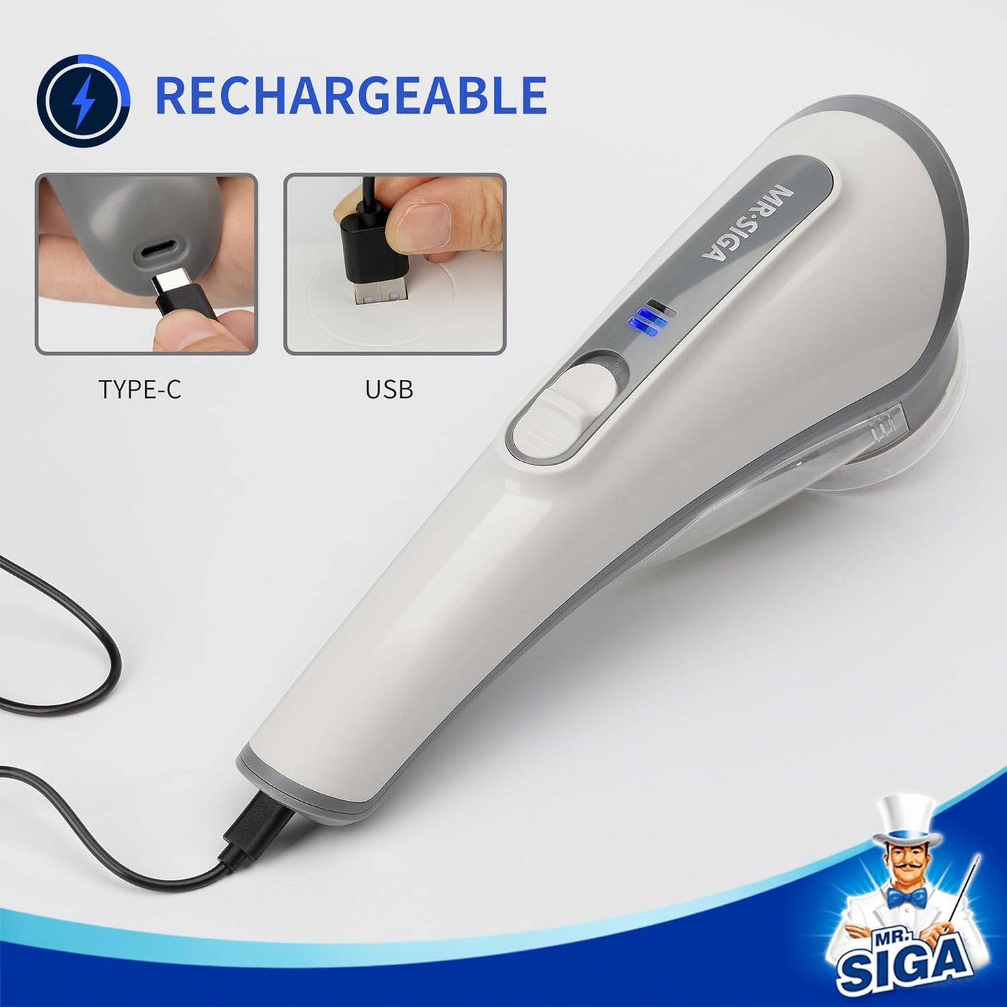 MR.SIGA Fabric Shaver and Lint Remover with 2 Speeds, Rechargeable Electric Lint Fuzz Remover with LED Lights and 2 Replaceable 6-Leaf Blades, Cream/Gray