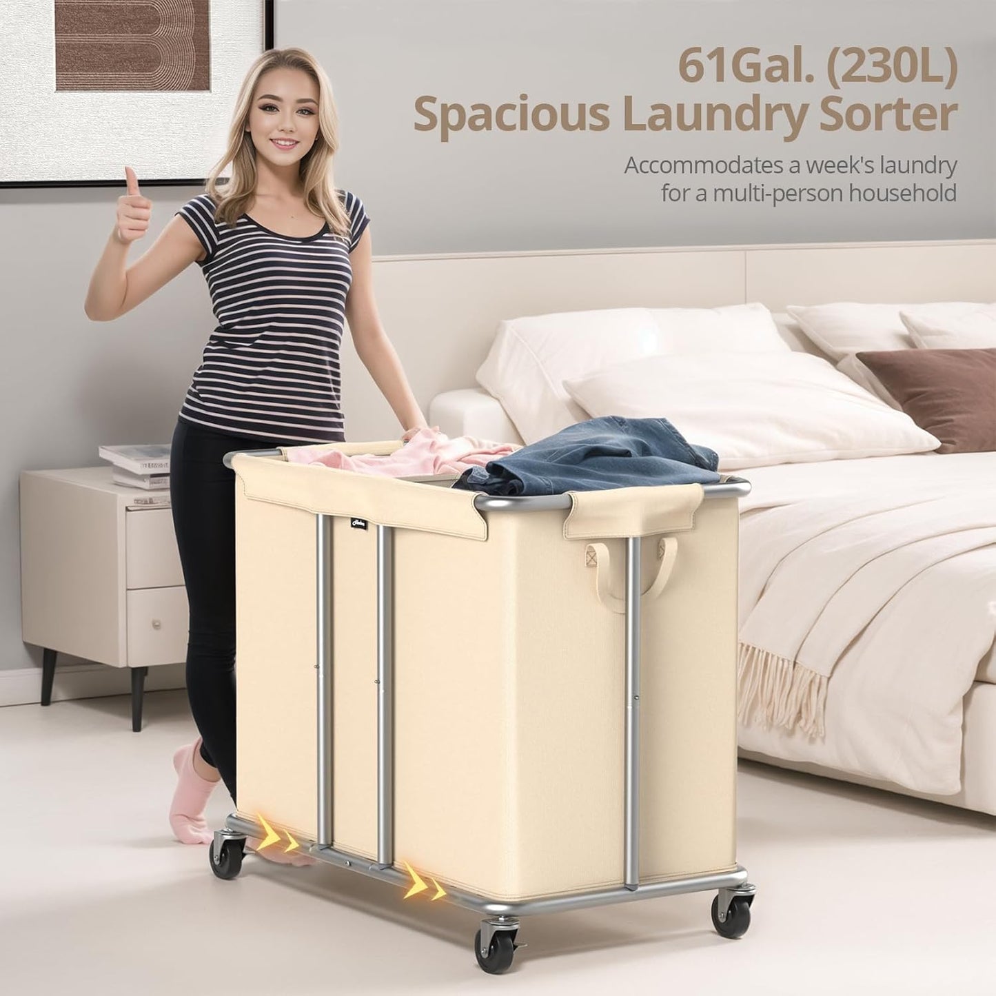 Hodonas 230L Rolling Laundry Hamper, 2-Section Laundry Basket with Wheels, 61 Gallons Laundry Sorter with Metal Structure and Removable Liner, Clothes Hamper for Laundry Room, Bathroom, Bedroom, Beige