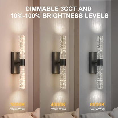 Crystal Battery Operated Wall Sconces Set of 2, Black Rechargeable Wireless Wall Light Fixtures with Remote Control, 3CCT and 12 RGB Dimmable Wall Lamps for Bedroom Living Room Hallway