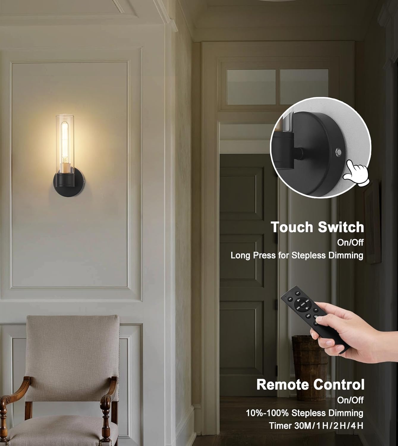 SANTOSTOCK Gold Battery Operated Wall Sconce Set of 2, 12000mAh Rechargeable Wall Lights with Remote Control, Wireless Dimmable Wall Lamps for Bedroom Living Room Bathroom Hallway Stairwell