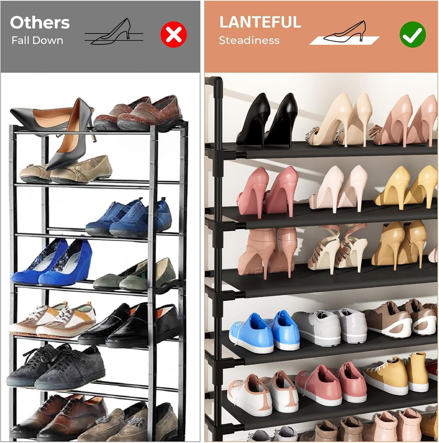 LANTEFUL 10 Tiers Shoe Rack 50 Pairs Large Capacity Tall Shoe Organizer Sturdy Shoe Storage with Two Hooks Space Saving Metal Wide Shoe Rack for Closet, Entryway, Bedroom, Black