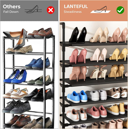LANTEFUL 10 Tiers Shoe Rack 50 Pairs Large Capacity Tall Shoe Organizer Sturdy Shoe Storage with Two Hooks Space Saving Metal Wide Shoe Rack for Closet, Entryway, Bedroom, Black