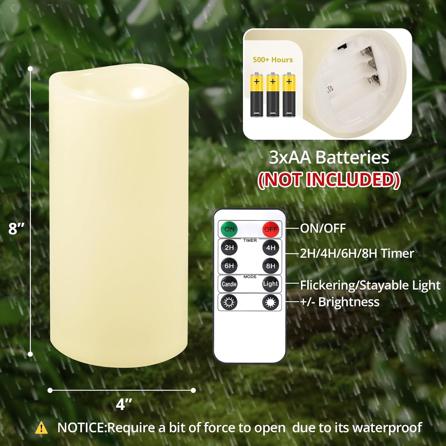NURADA Large Waterproof Flameless Candles 6" 8" 10" x 4" - Outdoor Indoor LED Pillar Flickering Candle Battery Operated with Timer Remote for Patio Porch Lanterns - Ivory White Set of 3