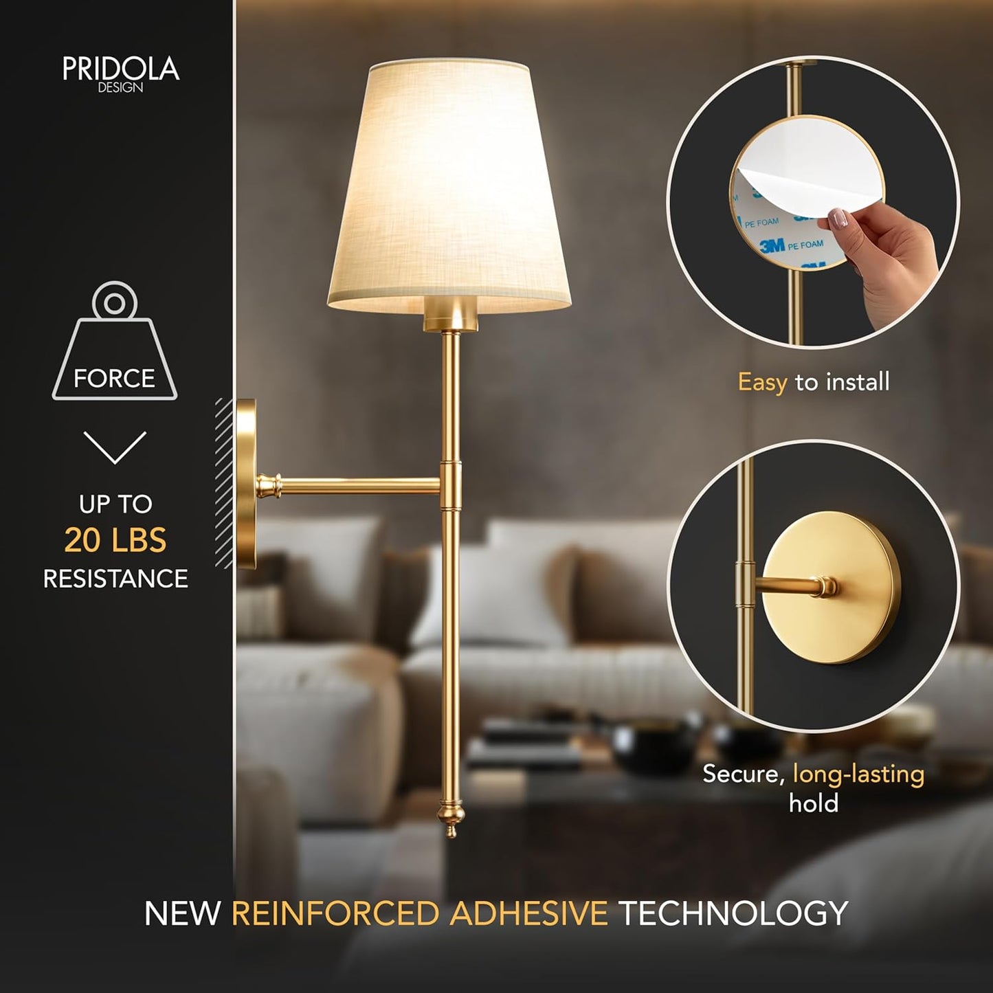 PRIDOLA Set of 2 Wireless Wall Sconces – Stick-On or Screw Mount - Rechargeable LED Bulbs, Remote Controlled, Adjustable Brightness & Warmth, Easy Installation, Living Room Wall Decor (Gold)