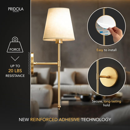 PRIDOLA Set of 2 Wireless Wall Sconces – Stick-On or Screw Mount - Rechargeable LED Bulbs, Remote Controlled, Adjustable Brightness & Warmth, Easy Installation, Living Room Wall Decor (Gold)