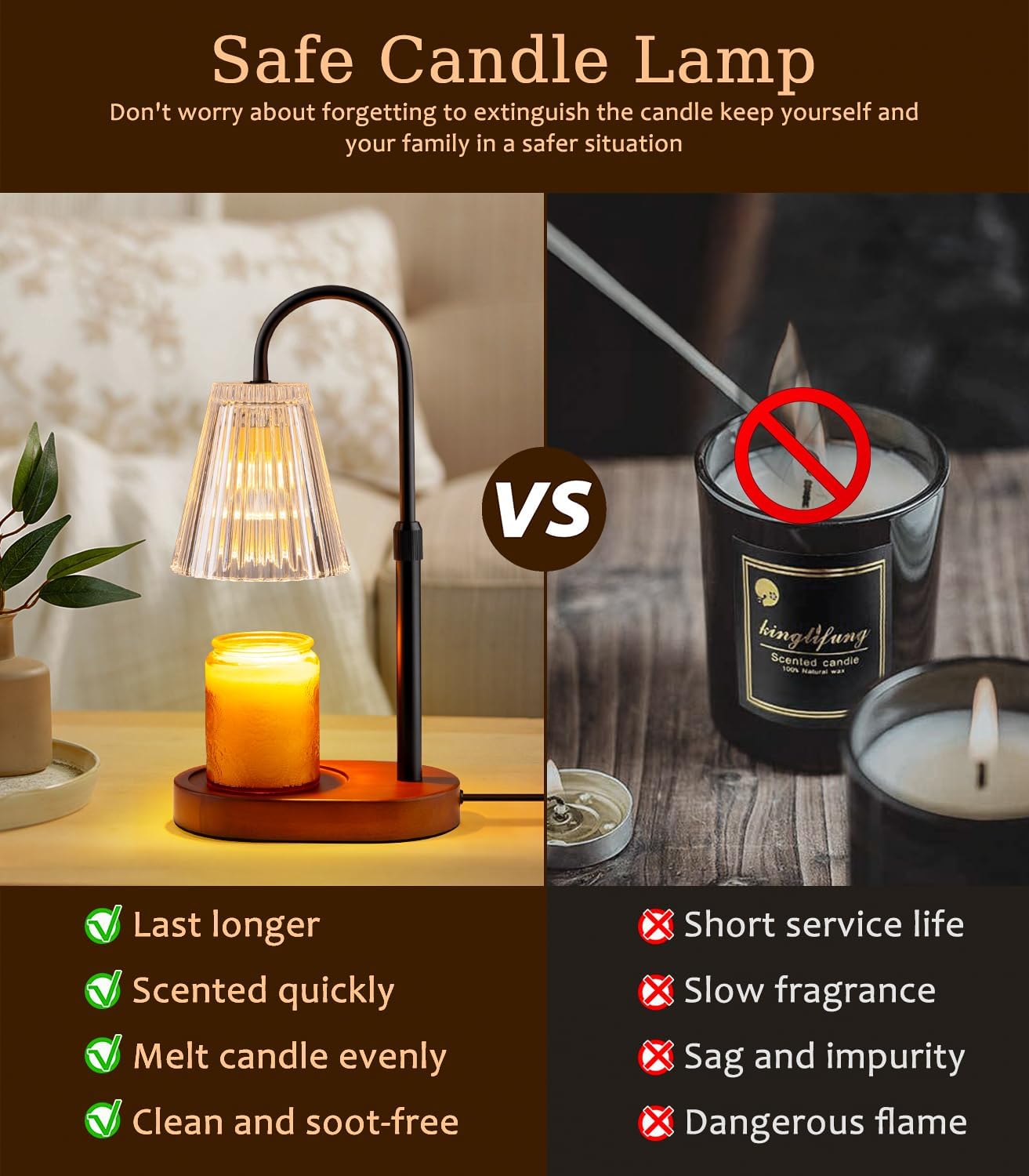 Candle Warmer Lamp with Timer - Electric Candles Wax Warmers Glass Lamps for Jar Candles Burner Adjustable Height and Dimmable Light Modern No Flame Scented Candle Warming Lantern, Amber
