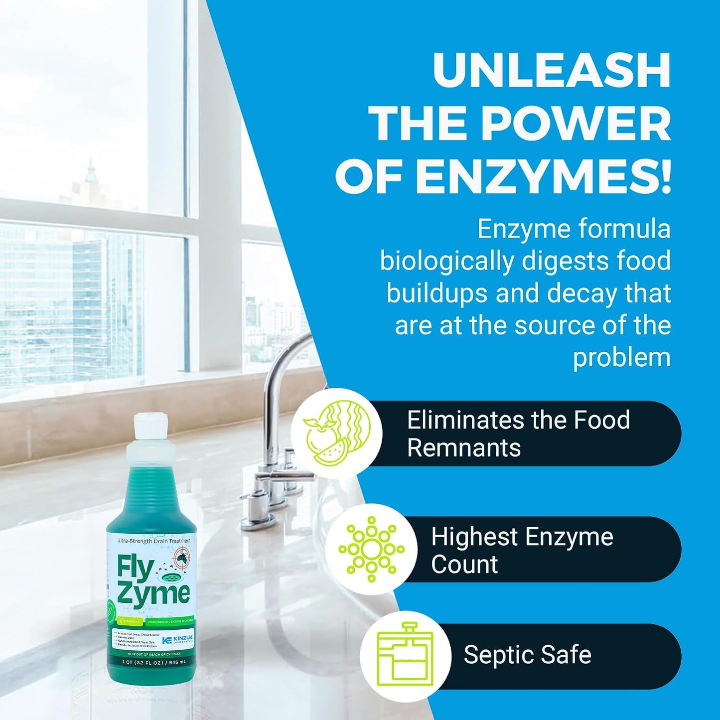 Fly-Zyme, Highly Concentrated Enzyme Drain Cleaner for Pipes, Drain Gel for Fruit Flies, Organic Waste Degrader & Odor Neutralizer, 32 fl oz, Pack of 2