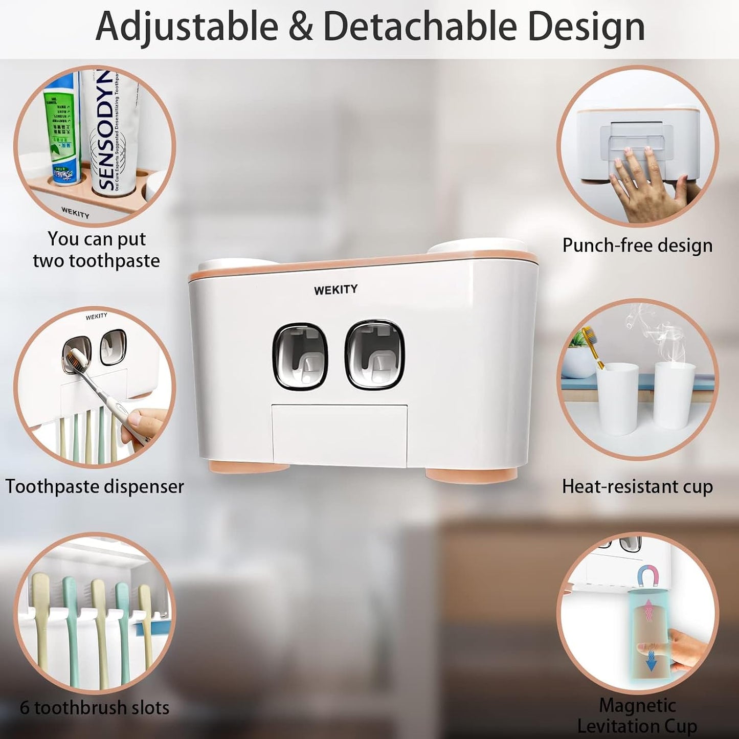 Toothbrush Holder Wall Mounted, WEKITY Multi-Functional Toothbrush and Toothpaste Dispenser for Bathroom, with 5 Toothbrush Slots, 2 Toothpaste Squeezers and 4 Cups(Grey)