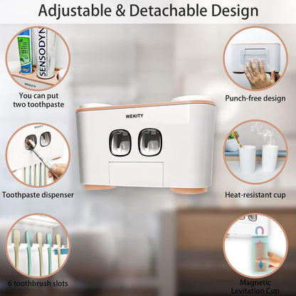 Toothbrush Holder Wall Mounted, WEKITY Multi-Functional Toothbrush and Toothpaste Dispenser for Bathroom, with 5 Toothbrush Slots, 2 Toothpaste Squeezers and 4 Cups(Grey)