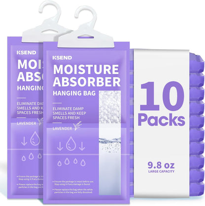 Ksend Moisture Absorbers 10 Pack, 9.8 Oz Compact Dehumidifier Bags & Packs, Moisture Hanging Bag, Humidity Absorbers, Closet Deodorizer Against Musty Odors, 11.8'' x 6.3''