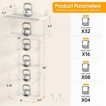 Towel Racks for Bathroom,Towel Rack Wall Mounted, 6 Tier Rolled Or Folded Towel Holder with Floating Shelves, Bathroom Towel Holder for Bath, Hand Towels,Metal and Wood
