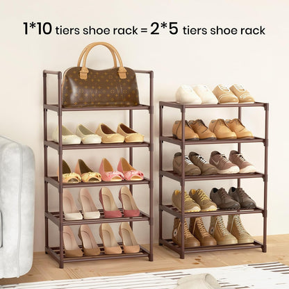 Narrow Shoe Rack 10 Tiers Tall Shoe Rack for Entryway Closet 20 24 Pairs Shoe & Boots Organizer Storage Shelf Durable Black Metal Stackable Shoe Cabinet with Hooks, 17.1D x 11.8W x 78.7H in