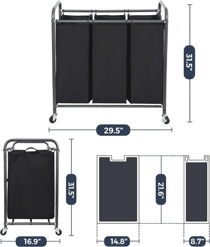 STO STO Laundry Sorter 3 Section, 3 Bag Clothes Hamper, Rolling Laundry Cart Basket with Heavy Duty Lockable Wheels and Removable Bag for Laundry Room, Bedroom, Closet, Gray
