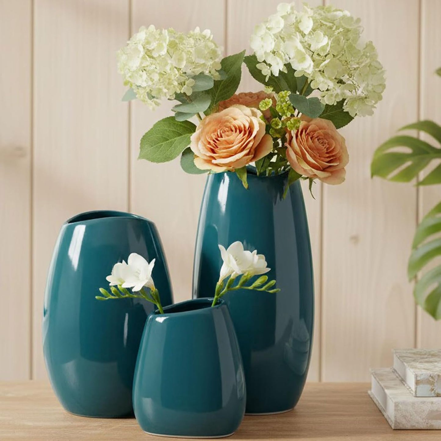 hjn Ceramic Vase Set of 3 White Flower Vase for Home Decor, Modern Decorative Vases for Flowers/Ideal Shelf Decor/Table/Living Room/Kitchen/Office-White