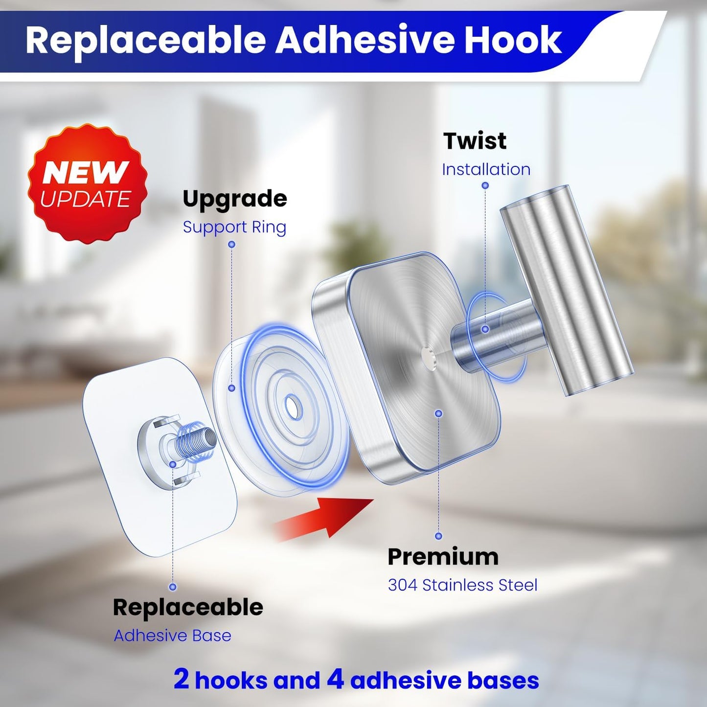Aikzik Silver Replaceable Adhesive Hooks Heavy Duty, Stainless Steel Towel Hooks for Bathrooms & Shower-Tiles, Glass Door, Wall Hooks for Walls No Damage, Towel Holder Sticky Hooks for Hanging- 2 Pack