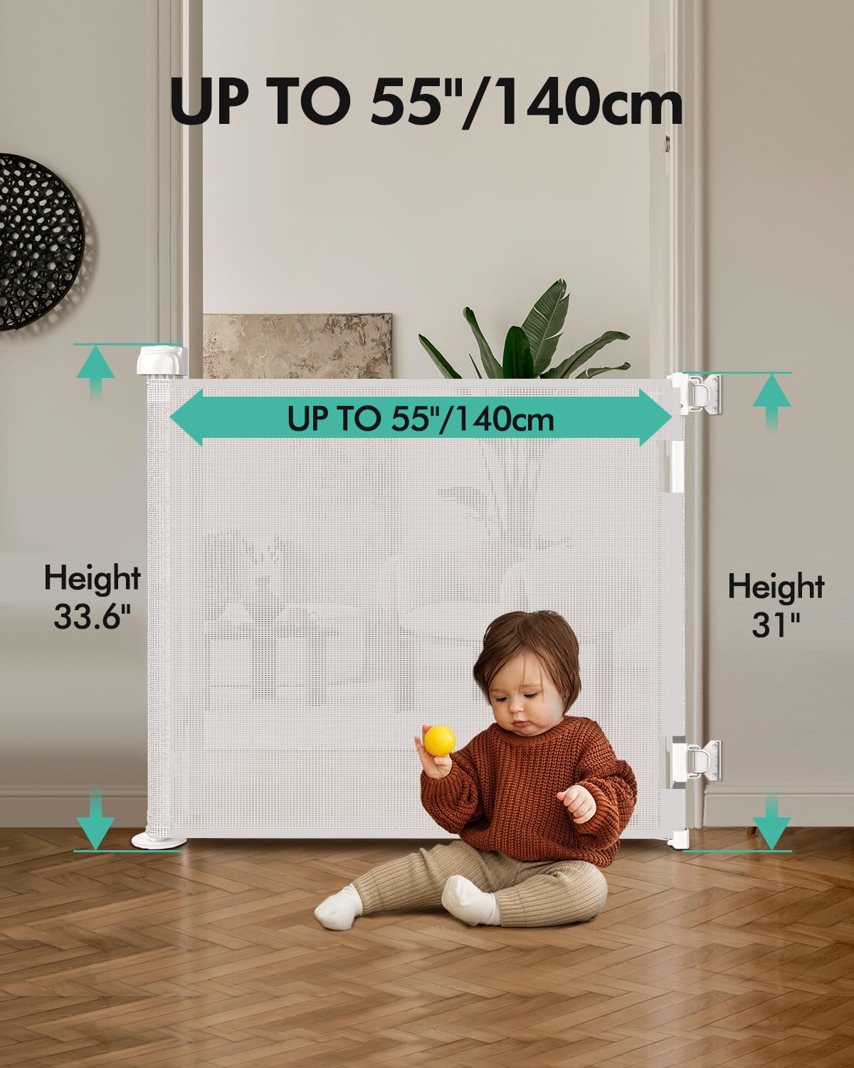 Retractable Baby Gates, Mesh Dog Gate for Doorways, 33.6" Tall, Expands to 55" Wide,Pet Safety Essential Fit for Baseboards, Wide Toddlers Gates for Hallways, Indoor & Outdoor,Gray