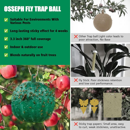 Sticky Insect Trap Ball Osseph Fruit Fly Trap Balls for Indoor Outdoor | Physical Sticky Hanging Bug Ball Catches Flie Gnat Mosquitoe Flying Insects 6pack (Green)