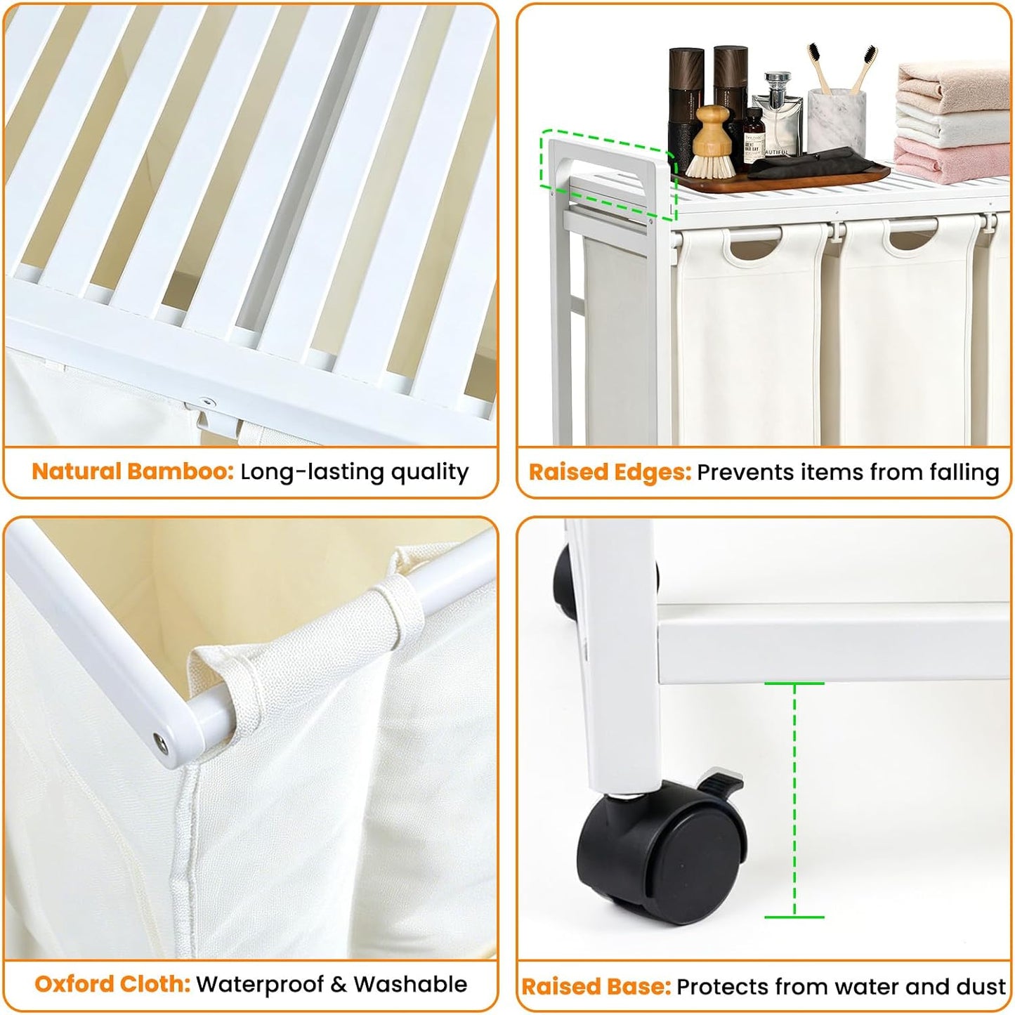 Bamboo Laundry Hamper 3 Section with Lid, 150L Laundry Sorter with Lockable Wheels, Pull-Out Removable Washable Bags, 3 × 12.5 Gal Divided Laundry Baskets for Laundry Room, Bathroom (White)