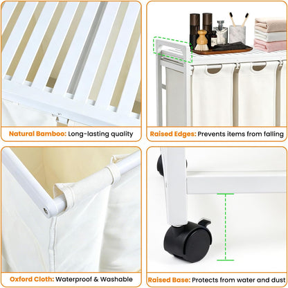 Bamboo Laundry Hamper 3 Section with Lid, 150L Laundry Sorter with Lockable Wheels, Pull-Out Removable Washable Bags, 3 × 12.5 Gal Divided Laundry Baskets for Laundry Room, Bathroom (White)