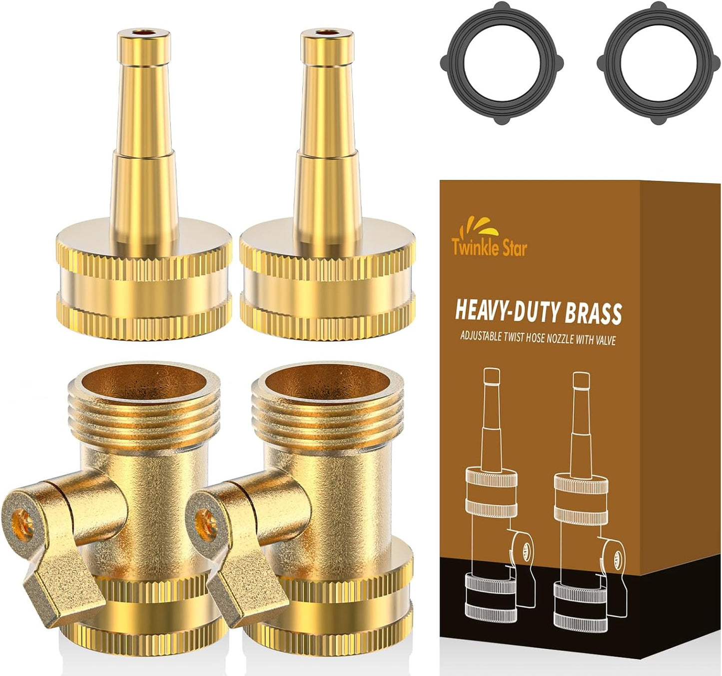 Twinkle Star Heavy-Duty Brass Adjustable Twist Hose Nozzle, 2 Pcs | 3/4” GHT Brass Garden Hose Nozzle, Adjustable Water Flow
