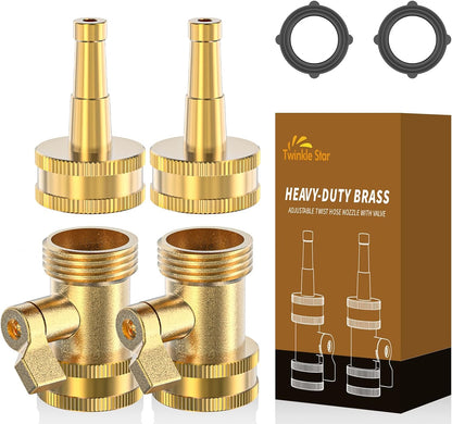 Twinkle Star Heavy-Duty Brass Adjustable Twist Hose Nozzle, 2 Pcs | 3/4” GHT Brass Garden Hose Nozzle, Adjustable Water Flow