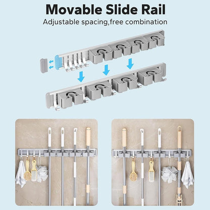 Broom Holder Wall Mount Movable Hooks and Clips Mop and Broom Hanger Wall Mounted Aluminum Garage Tool Organizer Storage Adhesive (Silver: 5 clips with 6 hooks)