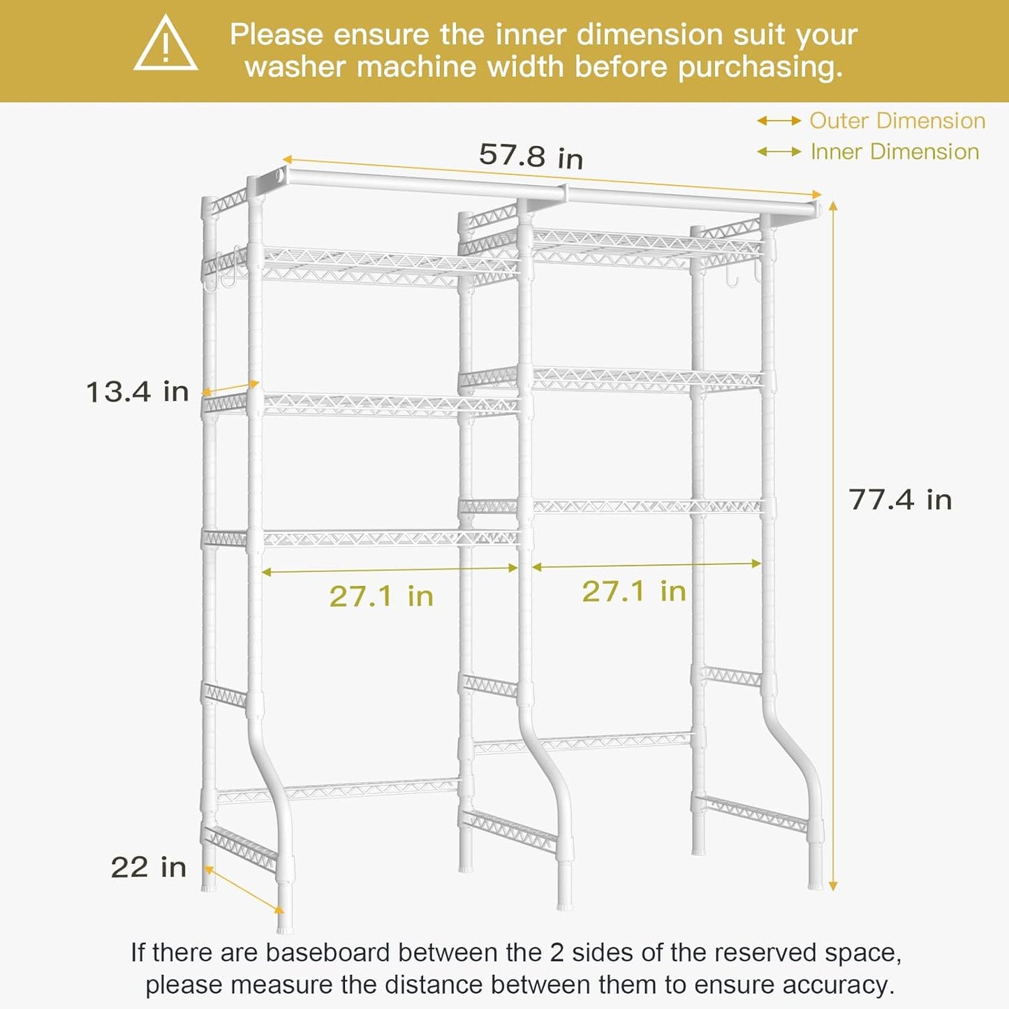 Ulif U13 Medium Over Washer and Dryer Storage Shelves, 6 Tiers Laundry Room Standing Shelf with 2 Hanger Rods, Space Saver Clothes Drying Rack, 57.8" W x 22" D x 77.4" H, Black